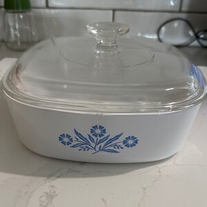 2 quart Corningware White Casserole with Blue Floral Motif and Glass Lid